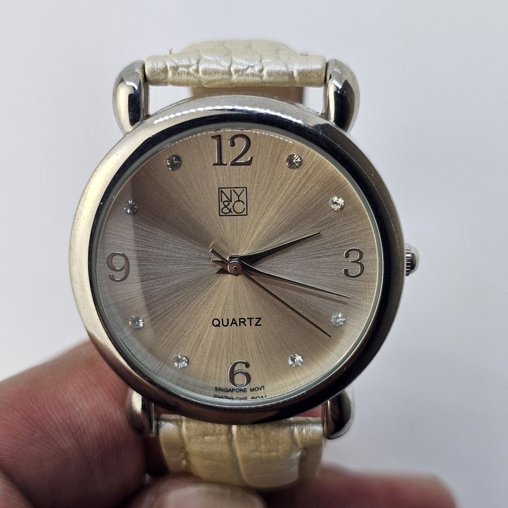 NYC Women's Watch 34MM Gray Dial Cream‎ Faux Leather Band Straps New Battery